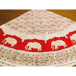 Vtg Kalamkari 60 Round Table Cloth Elephants Hand Printed Cotton Red White India